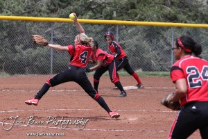Liberal Lady Redskin Pitcher Brittany Granger throws a pitch during the Liberal Lady Redskins at Great Bend Lady Panthers Softball Double Header with Great Bend winning both games 18-0 (3 innings) 13-0 at Barton Community College Softball Field in Great Bend, Kansas on April 27, 2013. (Photo: Joey Bahr, www.joeybahr.com)