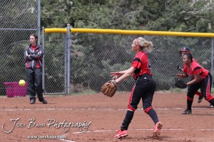 Liberal Lady Redskin Pitcher Brittany Granger throws a pitch during the Liberal Lady Redskins at Great Bend Lady Panthers Softball Double Header with Great Bend winning both games 18-0 (3 innings) 13-0 at Barton Community College Softball Field in Great Bend, Kansas on April 27, 2013. (Photo: Joey Bahr, www.joeybahr.com)