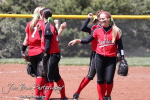 The Great Bend Lady Panther Infield break huddle at the start of an inning during the Liberal Lady Redskins at Great Bend Lady Panthers Softball Double Header with Great Bend winning both games 18-0 (3 innings) 13-0 at Barton Community College Softball Field in Great Bend, Kansas on April 27, 2013. (Photo: Joey Bahr, www.joeybahr.com)