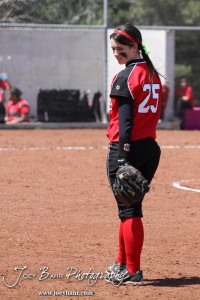 Great Bend Lady Panther First Baseman Morgan Kottas looks back at the bag during the Liberal Lady Redskins at Great Bend Lady Panthers Softball Double Header with Great Bend winning both games 18-0 (3 innings) 13-0 at Barton Community College Softball Field in Great Bend, Kansas on April 27, 2013. (Photo: Joey Bahr, www.joeybahr.com)