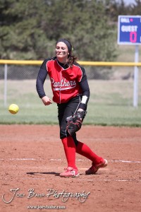 Great Bend Lady Panther Pitcher Hunter Middleton (#33) throws a pitch during the Liberal Lady Redskins at Great Bend Lady Panthers Softball Double Header with Great Bend winning both games 18-0 (3 innings) 13-0 at Barton Community College Softball Field in Great Bend, Kansas on April 27, 2013. (Photo: Joey Bahr, www.joeybahr.com)
