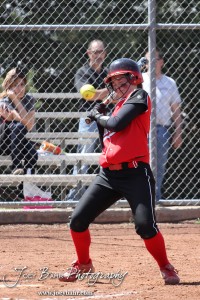 A Great Bend Lady Panther is brushed back by a pitch during the Liberal Lady Redskins at Great Bend Lady Panthers Softball Double Header with Great Bend winning both games 18-0 (3 innings) 13-0 at Barton Community College Softball Field in Great Bend, Kansas on April 27, 2013. (Photo: Joey Bahr, www.joeybahr.com)