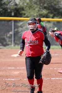 Great Bend Lady Panther First Baseman Elizabeth Barber runs over to her base during the Liberal Lady Redskins at Great Bend Lady Panthers Softball Double Header with Great Bend winning both games 18-0 (3 innings) 13-0 at Barton Community College Softball Field in Great Bend, Kansas on April 27, 2013. (Photo: Joey Bahr, www.joeybahr.com)