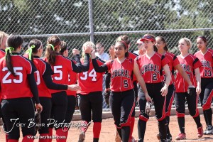 Members of the two teams shake hands at the end of the Liberal Lady Redskins at Great Bend Lady Panthers Softball Double Header with Great Bend winning both games 18-0 (3 innings) 13-0 at Barton Community College Softball Field in Great Bend, Kansas on April 27, 2013. (Photo: Joey Bahr, www.joeybahr.com)