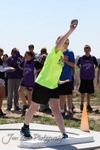 Competitors take part in the 7th Grade Girls Shot Put at the Oiler Relays at Barton Community College in Great Bend, Kansas on April 4, 2013. (Photo: Joey Bahr, www.joeybahr.com)