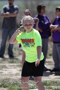 Competitors take part in the 7th Grade Girls Shot Put at the Oiler Relays at Barton Community College in Great Bend, Kansas on April 4, 2013. (Photo: Joey Bahr, www.joeybahr.com)