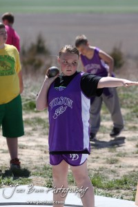 Competitors take part in the 7th Grade Girls Shot Put at the Oiler Relays at Barton Community College in Great Bend, Kansas on April 4, 2013. (Photo: Joey Bahr, www.joeybahr.com)