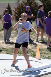 Competitors take part in the 7th Grade Girls Shot Put at the Oiler Relays at Barton Community College in Great Bend, Kansas on April 4, 2013. (Photo: Joey Bahr, www.joeybahr.com)