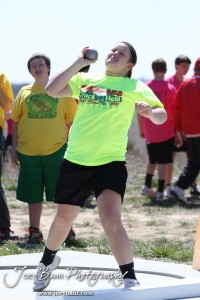 Competitors take part in the 7th Grade Girls Shot Put at the Oiler Relays at Barton Community College in Great Bend, Kansas on April 4, 2013. (Photo: Joey Bahr, www.joeybahr.com)