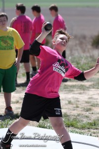 Competitors take part in the 7th Grade Girls Shot Put at the Oiler Relays at Barton Community College in Great Bend, Kansas on April 4, 2013. (Photo: Joey Bahr, www.joeybahr.com)