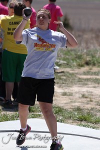 Competitors take part in the 7th Grade Girls Shot Put at the Oiler Relays at Barton Community College in Great Bend, Kansas on April 4, 2013. (Photo: Joey Bahr, www.joeybahr.com)