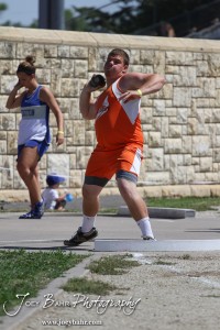 Otis-Bison's Sam Higgason throws the shot put during the 2013 KSHSAA Class 1A Regional Track and Field competition at Lewis Field on the campus of Fort Hays State University in Hays, Kansas on May 17, 2013. (Photo: Joey Bahr, www.joeybahr.com)