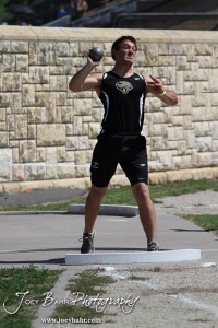 Kip Keely of LaCrosse throws the shot put during the 2013 KSHSAA Class 1A Regional Track and Field competition at Lewis Field on the campus of Fort Hays State University in Hays, Kansas on May 17, 2013. (Photo: Joey Bahr, www.joeybahr.com)