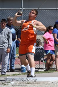 Otis-Bison's Sam Higgason competes in the shot put during the 2013 KSHSAA Class 1A Regional Track and Field competition at Lewis Field on the campus of Fort Hays State University in Hays, Kansas on May 17, 2013. (Photo: Joey Bahr, www.joeybahr.com)