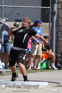 LaCrosse Leopard Cole Kershner throws the shot put in the preliminaries during the 2013 KSHSAA Class 1A Regional Track and Field competition at Lewis Field on the campus of Fort Hays State University in Hays, Kansas on May 17, 2013. (Photo: Joey Bahr, www.joeybahr.com)