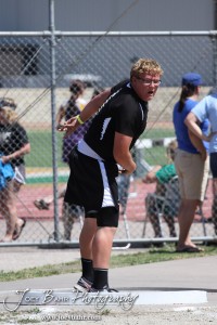 LaCrosse Leopard Cole Kershner watches his shot put throw during the 2013 KSHSAA Class 1A Regional Track and Field competition at Lewis Field on the campus of Fort Hays State University in Hays, Kansas on May 17, 2013. (Photo: Joey Bahr, www.joeybahr.com)