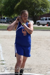 Megan Tammen of Otis-Bison warms up for the shot put during the 2013 KSHSAA Class 1A Regional Track and Field competition at Lewis Field on the campus of Fort Hays State University in Hays, Kansas on May 17, 2013. (Photo: Joey Bahr, www.joeybahr.com)
