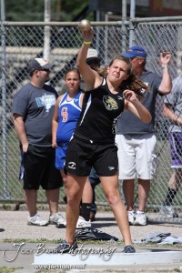 A thrower from LaCrosse competes in the shot put during the 2013 KSHSAA Class 1A Regional Track and Field competition at Lewis Field on the campus of Fort Hays State University in Hays, Kansas on May 17, 2013. (Photo: Joey Bahr, www.joeybahr.com)