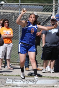 Megan Tammen of Otis-Bison throws the shot put during the 2013 KSHSAA Class 1A Regional Track and Field competition at Lewis Field on the campus of Fort Hays State University in Hays, Kansas on May 17, 2013. (Photo: Joey Bahr, www.joeybahr.com)