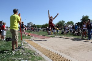A Brewster competitor stretches out for more distance in the long jump during the 2013 KSHSAA Class 1A Regional Track and Field competition at Lewis Field on the campus of Fort Hays State University in Hays, Kansas on May 17, 2013. (Photo: Joey Bahr, www.joeybahr.com)