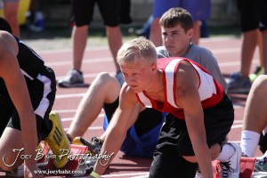A Hoxie competitor concentrates before the start of the Boys 110 Meter High Hurdle Preliminaries during the 2013 KSHSAA Class 1A Regional Track and Field competition at Lewis Field on the campus of Fort Hays State University in Hays, Kansas on May 17, 2013. (Photo: Joey Bahr, www.joeybahr.com)