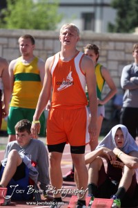 Otis-Bison's Jordan Hoffman gets ready for the 100 Meter Dash Preliminaries during the 2013 KSHSAA Class 1A Regional Track and Field competition at Lewis Field on the campus of Fort Hays State University in Hays, Kansas on May 17, 2013. (Photo: Joey Bahr, www.joeybahr.com)