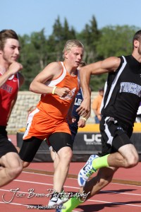 Otis-Bison's Jordan Hoffman turns the corner in the 200 Meter Dash Preliminaries during the 2013 KSHSAA Class 1A Regional Track and Field competition at Lewis Field on the campus of Fort Hays State University in Hays, Kansas on May 17, 2013. (Photo: Joey Bahr, www.joeybahr.com)
