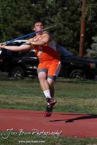 Sam Higgason of Otis-Bison throws the Javelin during the 2013 KSHSAA Class 1A Regional Track and Field competition at Lewis Field on the campus of Fort Hays State University in Hays, Kansas on May 17, 2013. (Photo: Joey Bahr, www.joeybahr.com)