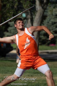 Preston Cheeley of Otis-Bison throws the Javelin during the 2013 KSHSAA Class 1A Regional Track and Field competition at Lewis Field on the campus of Fort Hays State University in Hays, Kansas on May 17, 2013. (Photo: Joey Bahr, www.joeybahr.com)