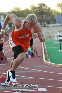 Otis-Bison's Jordan Hoffman launches to start the 400 Meter Dash during the 2013 KSHSAA Class 1A Regional Track and Field competition at Lewis Field on the campus of Fort Hays State University in Hays, Kansas on May 17, 2013. (Photo: Joey Bahr, www.joeybahr.com)