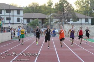 Levi Morss of LaCrosse leads Jordan Hoffman of Otis-Bison in the 400 Meter Dash during the 2013 KSHSAA Class 1A Regional Track and Field competition at Lewis Field on the campus of Fort Hays State University in Hays, Kansas on May 17, 2013. (Photo: Joey Bahr, www.joeybahr.com)