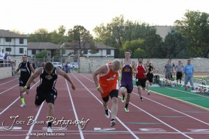 LaCrosse's Levi Morss and Otis-Bison's Jordan Hoffman reach for the finish line in the 400 Meter Dash during the 2013 KSHSAA Class 1A Regional Track and Field competition at Lewis Field on the campus of Fort Hays State University in Hays, Kansas on May 17, 2013. (Photo: Joey Bahr, www.joeybahr.com)