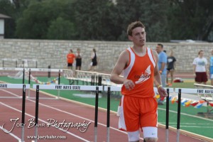Otis-Bison's Kole Urban competes in the 300 Meter Intermediate Hurdles during the 2013 KSHSAA Class 1A Regional Track and Field competition at Lewis Field on the campus of Fort Hays State University in Hays, Kansas on May 17, 2013. (Photo: Joey Bahr, www.joeybahr.com)
