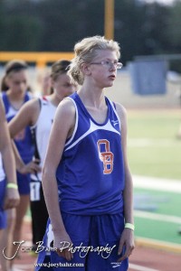 Otis-Bison's Fiona Conley waits for the start of the Girls 3200 Meter Run during the 2013 KSHSAA Class 1A Regional Track and Field competition at Lewis Field on the campus of Fort Hays State University in Hays, Kansas on May 17, 2013. (Photo: Joey Bahr, www.joeybahr.com)